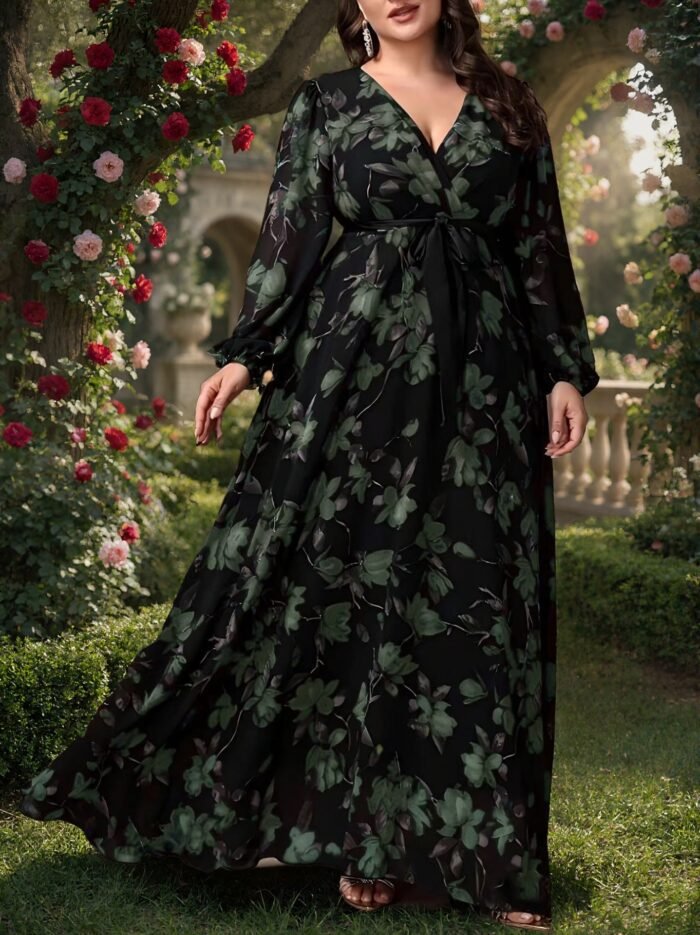 Oversize Printed Bohemian V-Neck Long Sleeve Flared Elegant Dress - Image 9