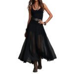 Summer New Black Strap Long Dress for Women, Mesh Dress with Belt - Image 5