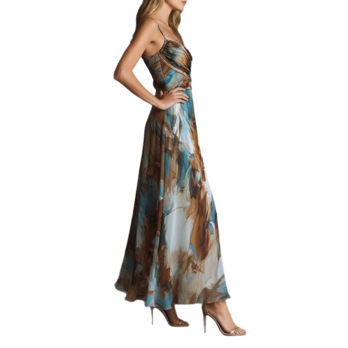 Fashionable Elegant Printed Dress with Sexy Straps, Waist-Cinching Flowy Beach Long Dress - Image 5