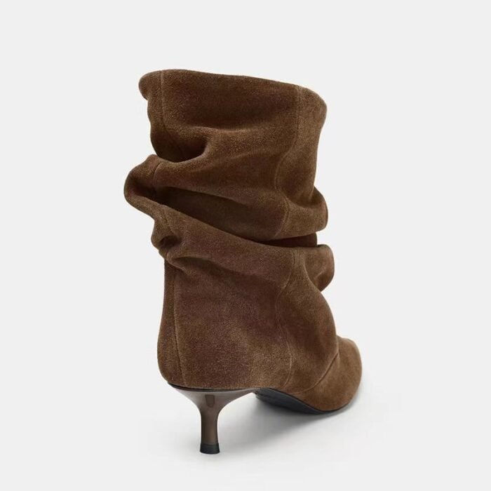 Pleated Mid-Calf Boots for Women Pointed Toe Medium Heel Velvet Boots - Image 4