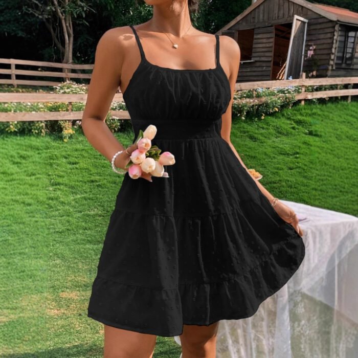Clothing  Swiss Dot Print Strap Dress for Women Summer Casual Fit Bodycon Mini Dress - Image 2