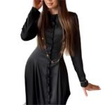 Style Solid Color Long Sleeve Buttoned Waist Fitted Dress - Image 5