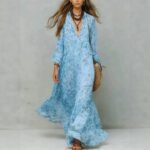 Leopard Print Chiffon Long Dress Deep V-Neck Three-Quarter Sleeve Flared Beach Vacation Dress - Image 4