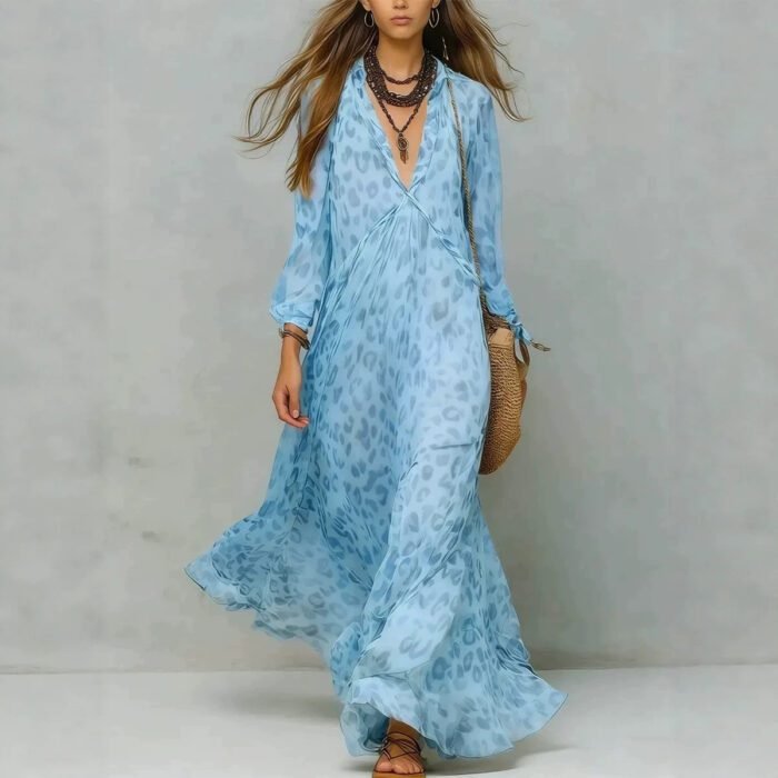 Leopard Print Chiffon Long Dress Deep V-Neck Three-Quarter Sleeve Flared Beach Vacation Dress - Image 4