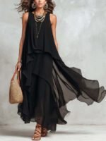 Chic Flowy Black Sleeveless Asymmetrical Chiffon Long Dress - Image 6
