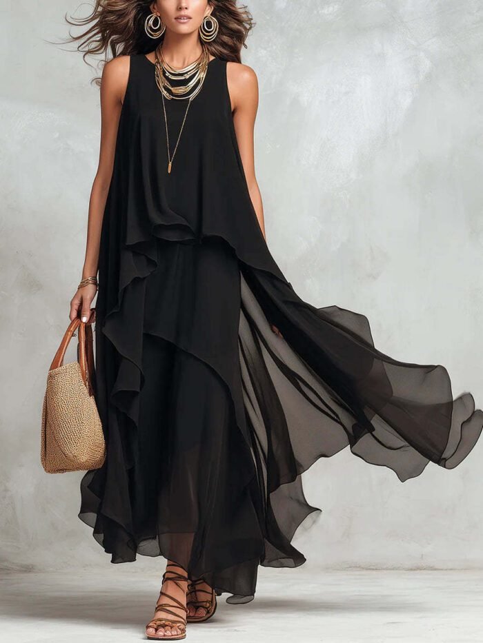 Chic Flowy Black Sleeveless Asymmetrical Chiffon Long Dress - Image 6