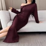 Elegant Red Asymmetrical Neck Long Sleeve Dress for Women Pleated Waist-Fitted Bodycon Style, Chic and Sophisticated Design - Image 4