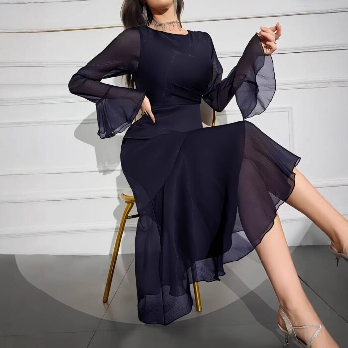 Elegant Round Neck Dress with Irregular Ruffle Pleats Slim Fit Long Sleeve New Style - Image 4