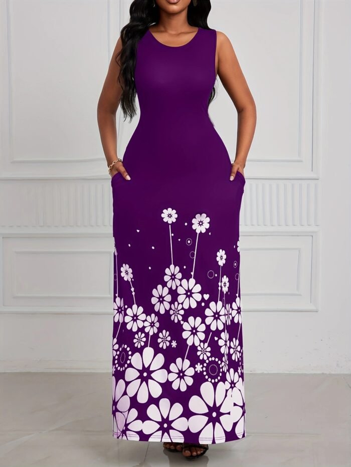 Printed Sleeveless Loose Round Neck Simple Elegant Dress - Image 7