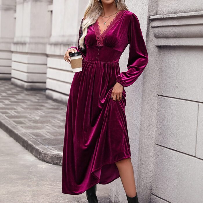 Long Dress with Lace Details Long Sleeve Formal Occasion Dress - Image 5