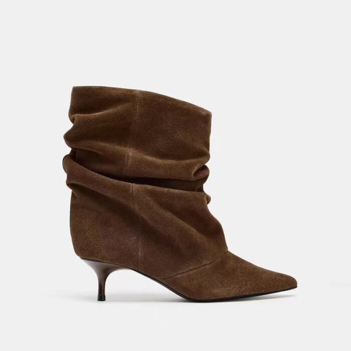 Pleated Mid-Calf Boots for Women Pointed Toe Medium Heel Velvet Boots - Image 5
