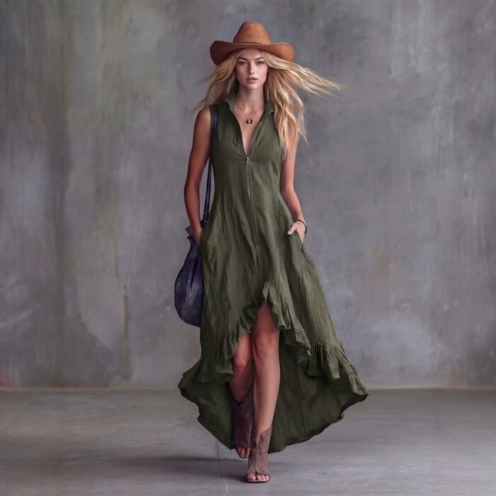 Vintage Casual Turn-Down Collar Front Zipper Ruffle Hem Dress for Women - Image 3