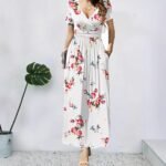 Elegant V-Neck Short Sleeve Wrap Dress with Pockets for Women