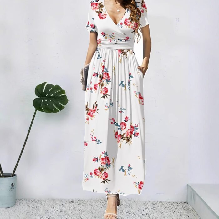 580006828 Elegant V-Neck Short Sleeve Wrap Dress with Pockets for Women - Image 1