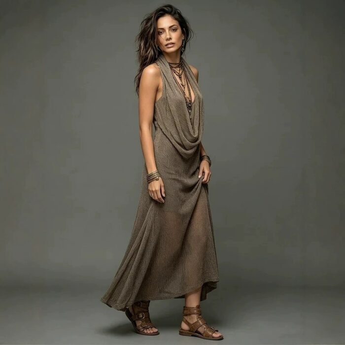 Bohemian Beach Vacation Strapless Knit Cami Dress Set Long Dress Two-Piece - Image 4