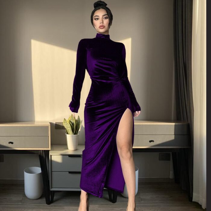 Women's High Neck Long Velvet Dress with Pleats and Slit Fitted SilhouetteAutumn/Winter Fashion - Image 10