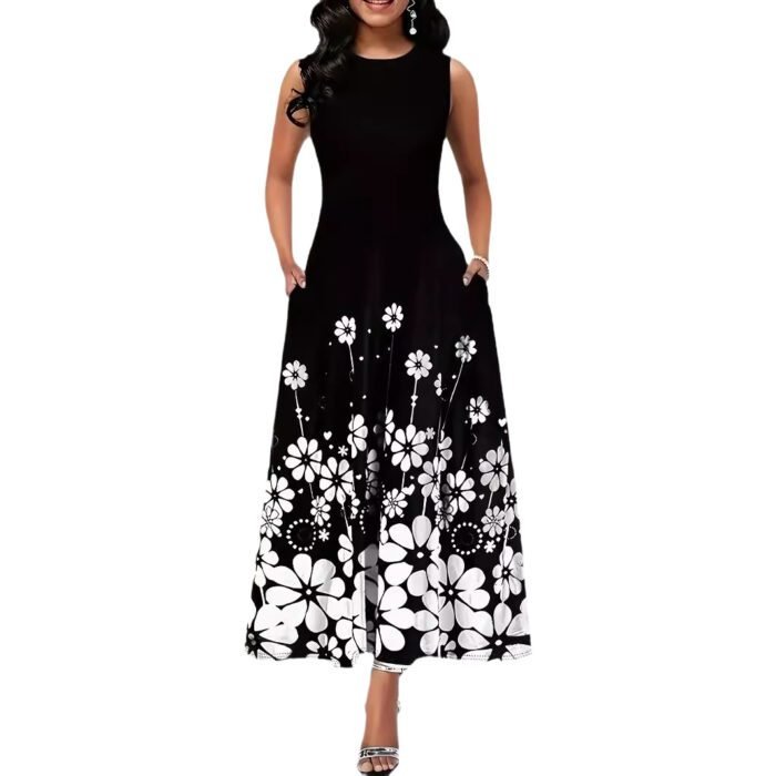 Printed Sleeveless Loose Round Neck Simple Elegant Dress - Image 5