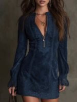 Elegant Long Sleeve Zipper Lace Trim Fitted Midi Dress for Women - Image 6