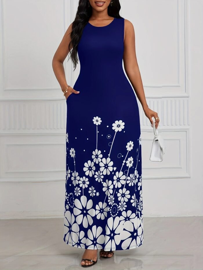 Printed Sleeveless Loose Round Neck Simple Elegant Dress - Image 8