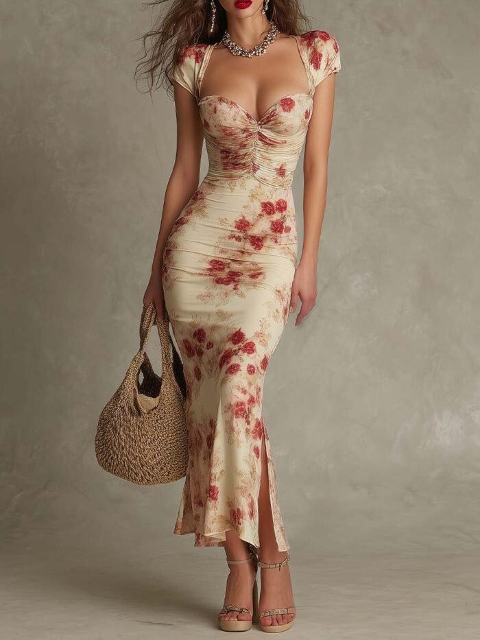 Vintage Printed Fitted Dress Elegant Slim Fit Bodycon Long Dress Evening Gown - Image 6