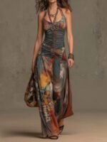 French Oil Painting Print Vintage Off-Shoulder Sexy Jumpsuit for Women Summer - Image 6
