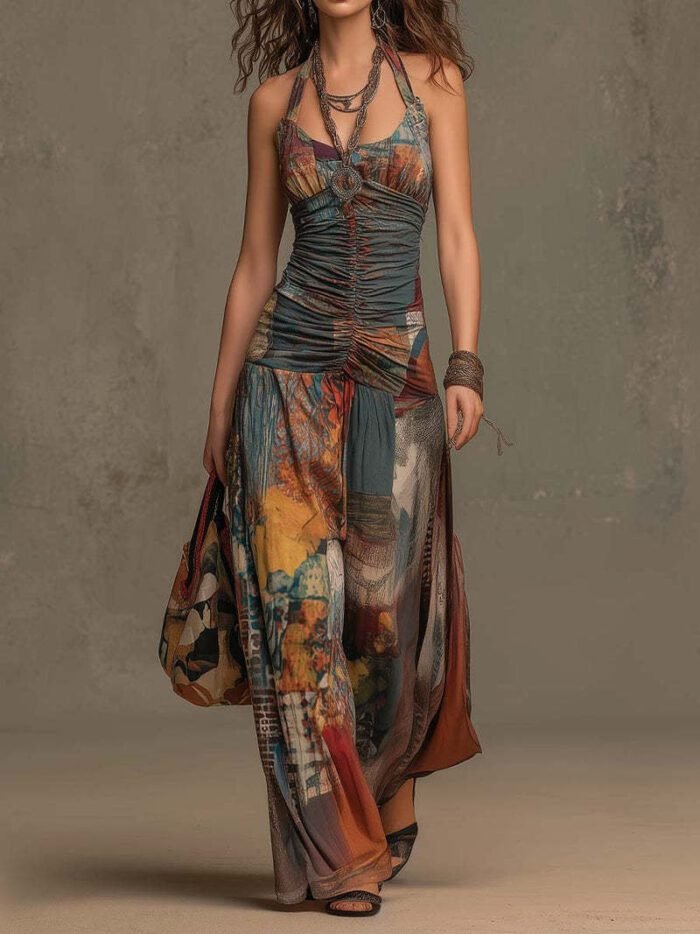 French Oil Painting Print Vintage Off-Shoulder Sexy Jumpsuit for Women Summer - Image 6
