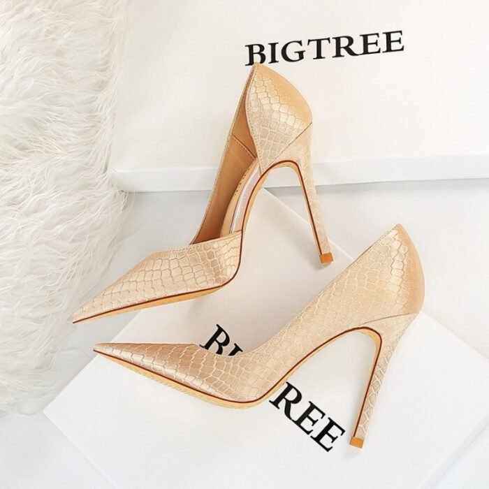 Thin heeled super high heels with shallow side hollow snake pattern silk high heels for women - Image 6