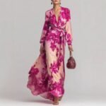 Printed Chiffon Long Sleeve V-Neck Tie-Up Dress Elegant Chic Spring New Long Dress
