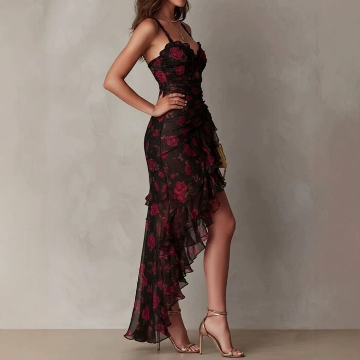 Style Floral Print Strap Irregular Ruffle Hem A-Line Dress - Image 3