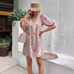 Cute Floral Print V-Neck Puff Sleeve Pleated Casual Loose Dress for Women