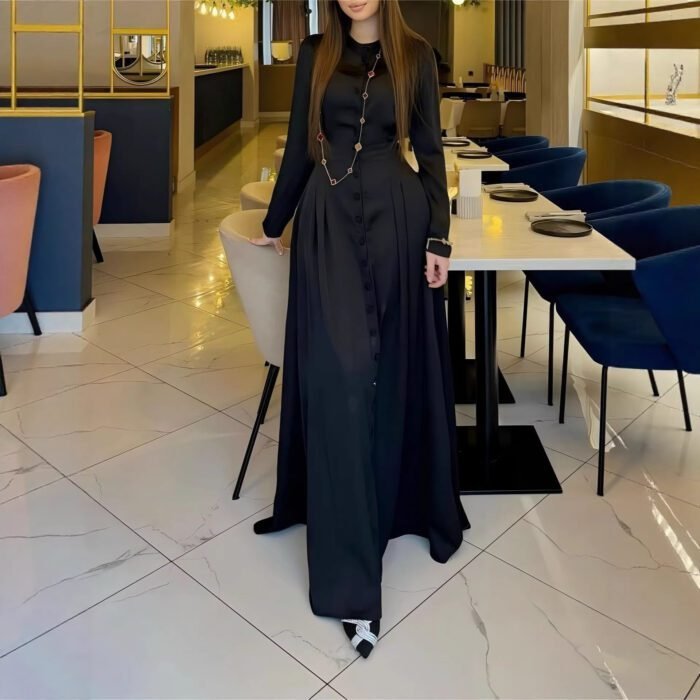 Style Solid Color Long Sleeve Buttoned Waist Fitted Dress - Image 2