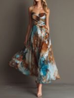 Fashionable Elegant Printed Dress with Sexy Straps, Waist-Cinching Flowy Beach Long Dress - Image 6