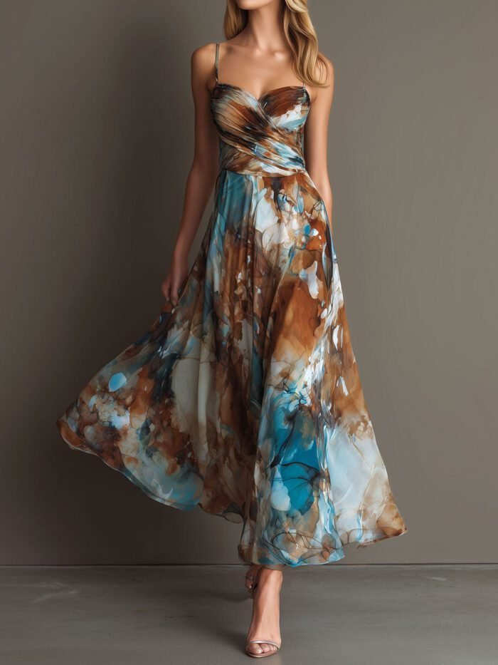 Fashionable Elegant Printed Dress with Sexy Straps, Waist-Cinching Flowy Beach Long Dress - Image 6