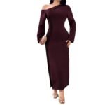 Elegant Red Asymmetrical Neck Long Sleeve Dress for Women Pleated Waist-Fitted Bodycon Style, Chic and Sophisticated Design - Image 5