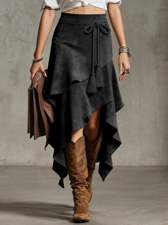 Retro Western Style Irregular Design Suede Skirt Solid Color Midi Skirt - Image 9