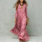 Leopard Print Chiffon Long Dress Deep V-Neck Three-Quarter Sleeve Flared Beach Vacation Dress