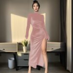 Women's High Neck Long Velvet Dress with Pleats and Slit Fitted SilhouetteAutumn/Winter Fashion - Image 12