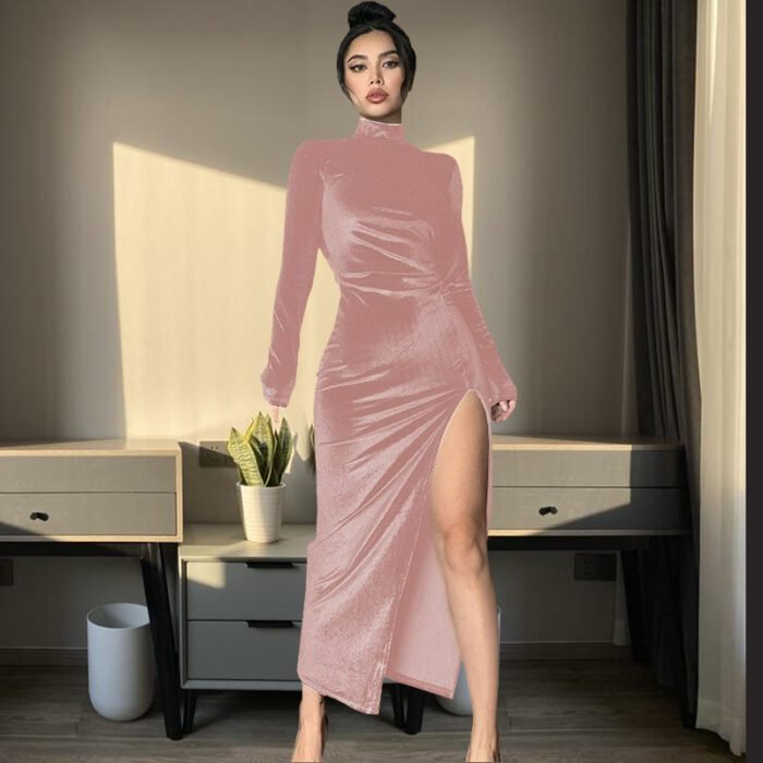 Women's High Neck Long Velvet Dress with Pleats and Slit Fitted SilhouetteAutumn/Winter Fashion - Image 12