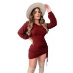 Women's Fashion Autumn Winter Sexy Slim Fit Solid Color Drawstring Asymmetrical Shoulder Long Sleeve Dress - Image 4