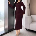 Elegant Red Asymmetrical Neck Long Sleeve Dress for Women Pleated Waist-Fitted Bodycon Style, Chic and Sophisticated Design