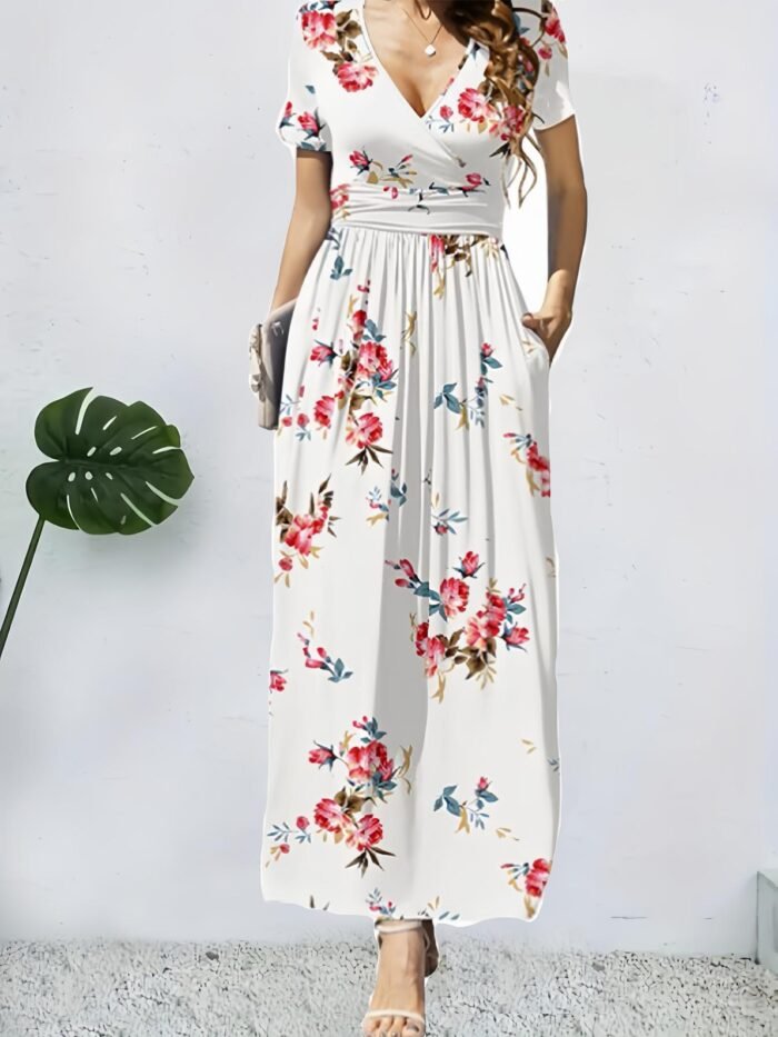 Elegant V-Neck Short Sleeve Wrap Dress with Pockets for Women - Image 6
