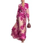 Printed Chiffon Long Sleeve V-Neck Tie-Up Dress Elegant Chic Spring New Long Dress - Image 5