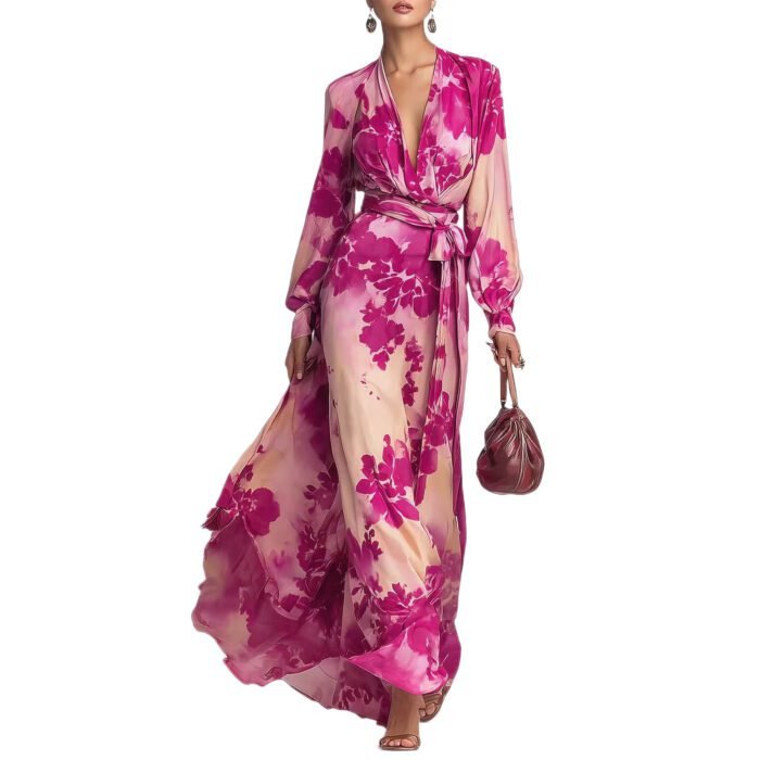 Printed Chiffon Long Sleeve V-Neck Tie-Up Dress Elegant Chic Spring New Long Dress - Image 5