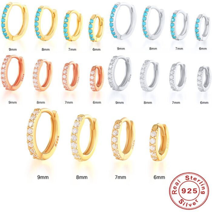 S925 Sterling Silver Circle Earrings with Turquoise and Diamond Inlay 18K Gold Plated Stud Earrings Jewelry - Image 2