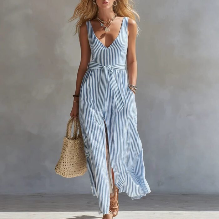 Fresh Blue and White Striped Sleeveless Long Dress with V-Neck, Waist-Tie, Side Split, Beach Dress - Image 5