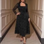 Vintage Square Neck Sequin Dress for Women Elegant Fitted Long Dress with Waist Definition