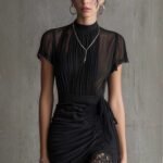 New European black see through lace patchwork dress, slim and tall, slit skirt with lace - Image 4