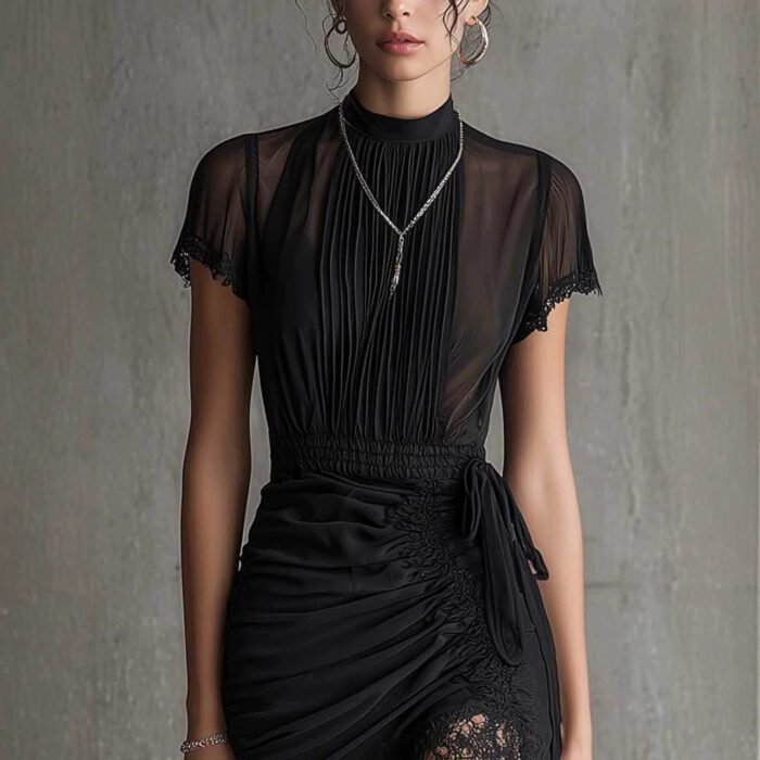 New European black see through lace patchwork dress, slim and tall, slit skirt with lace - Image 4