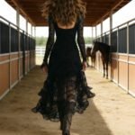 ElegantSolid Color Lace Panel High-Waisted Long Sleeve Square Neck Long Dress - Image 4