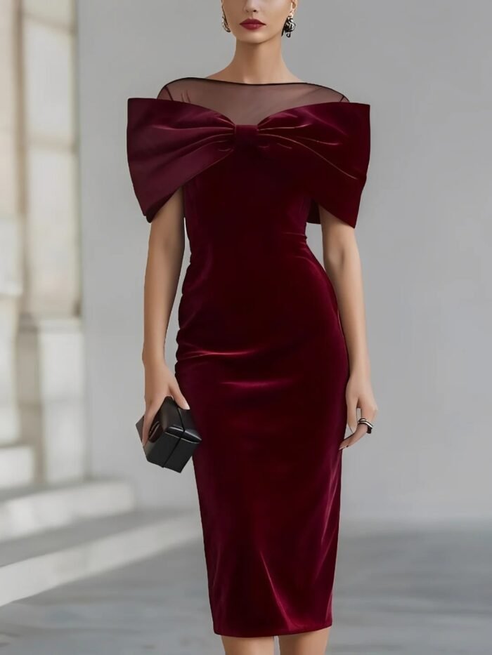 Chic Office Women's One-Shoulder Off-the-Shoulder Velvet Dress with Gold Thread - Image 7